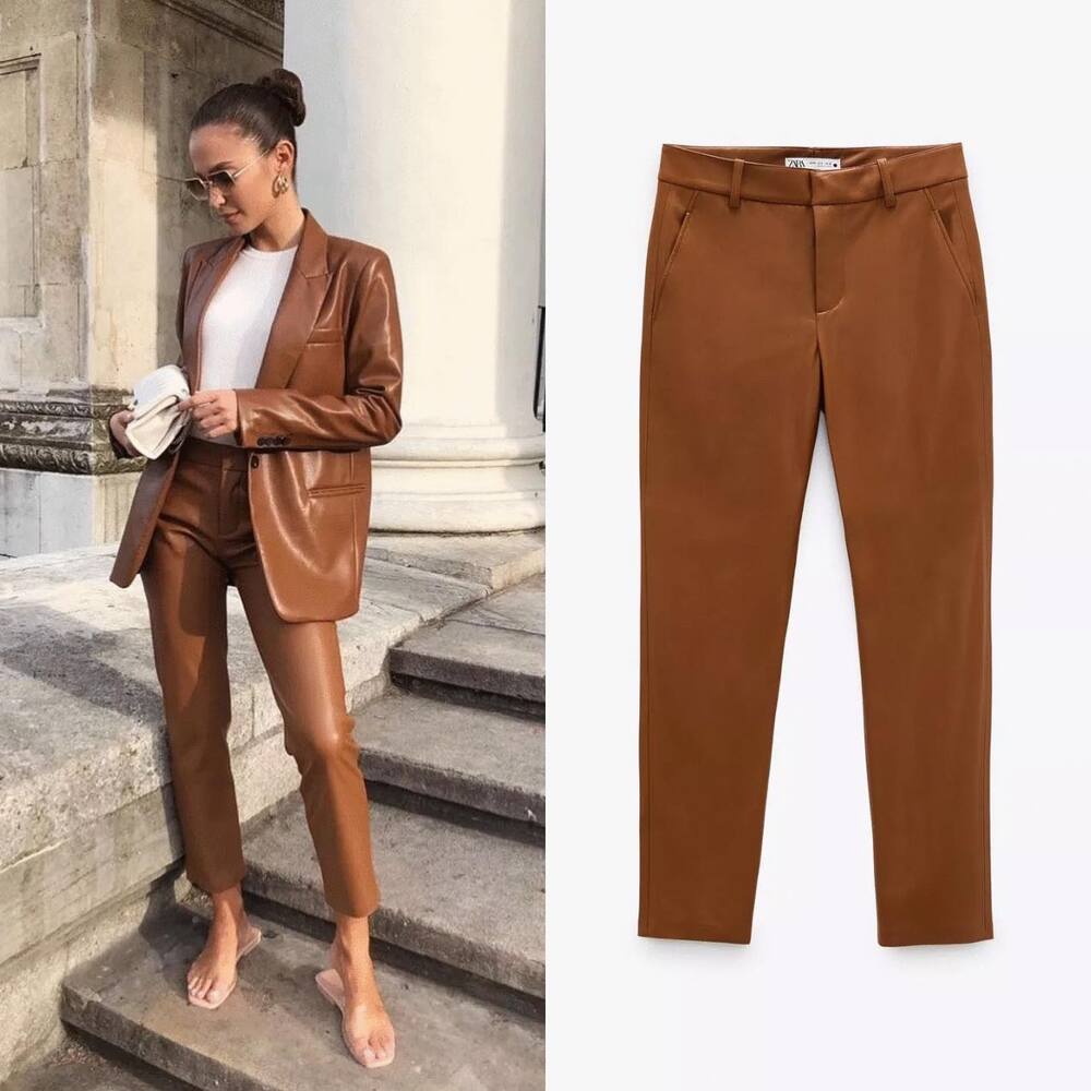 NWT Zara Faux Leather Camel Ankle High Waist Pants Size 6 US